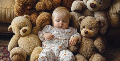 muñeco de tez caucásica en medio de muchos osos de peluche