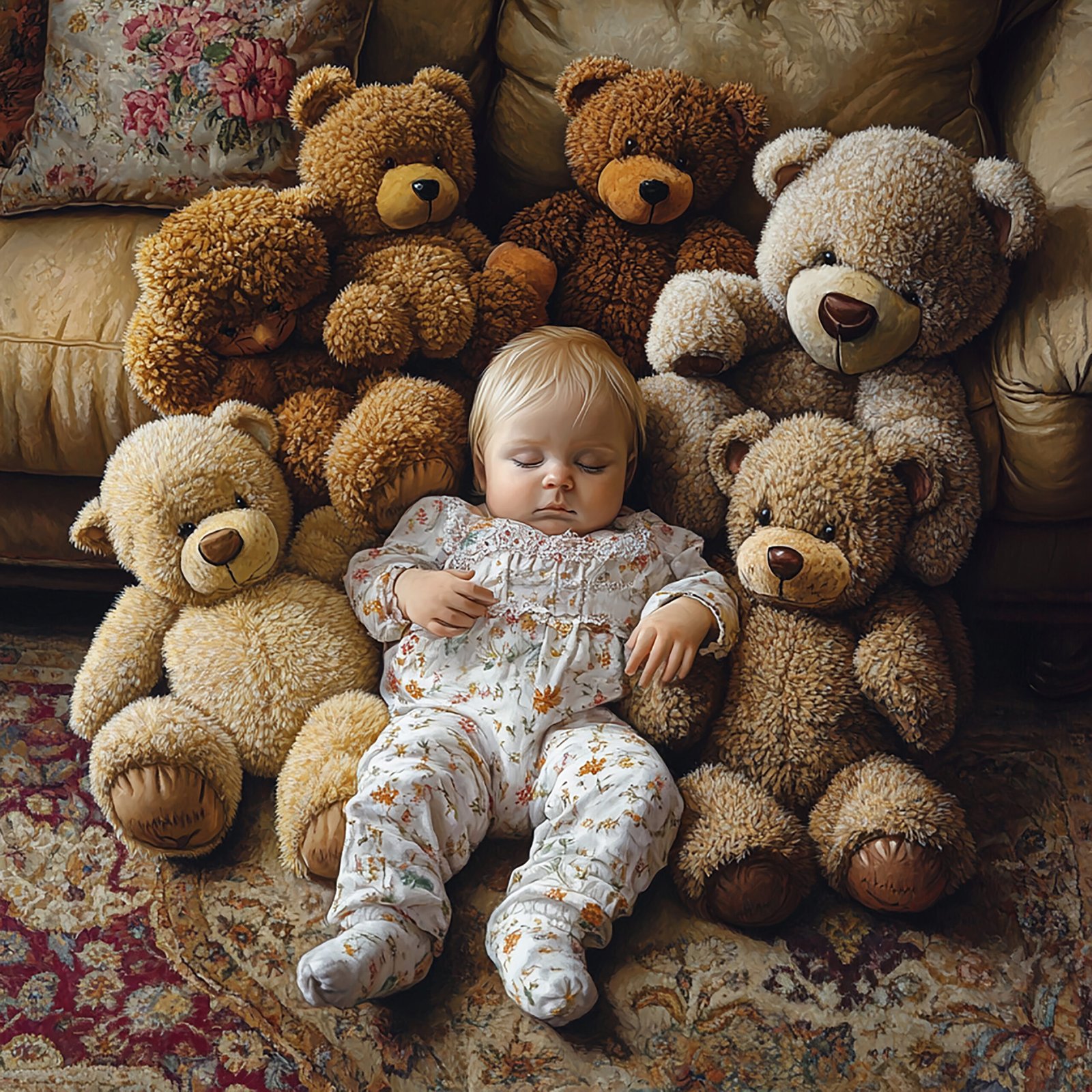 muñeco de tez caucásica en medio de muchos osos de peluche